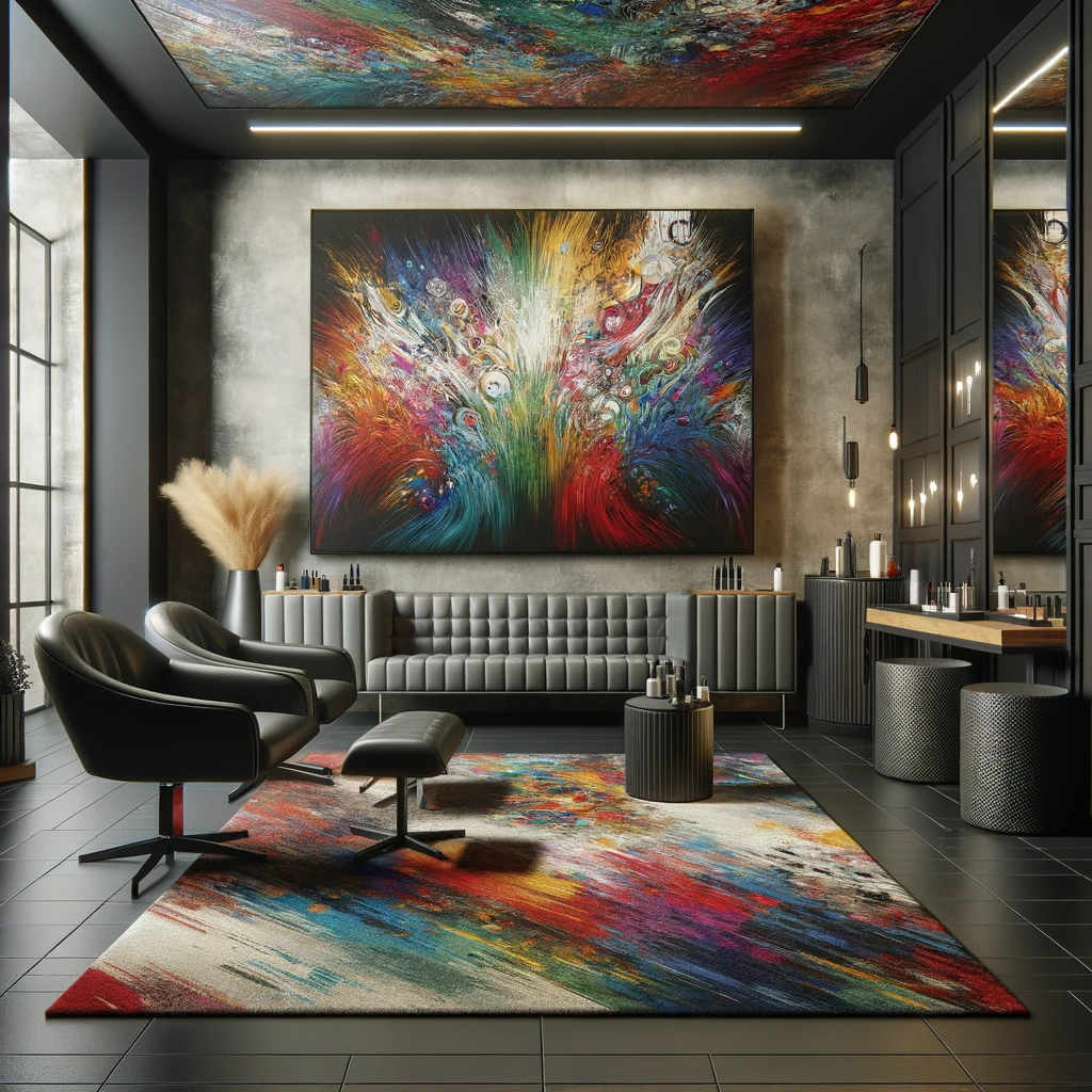 Bold and vibrant salon suite interior with textured design elements.