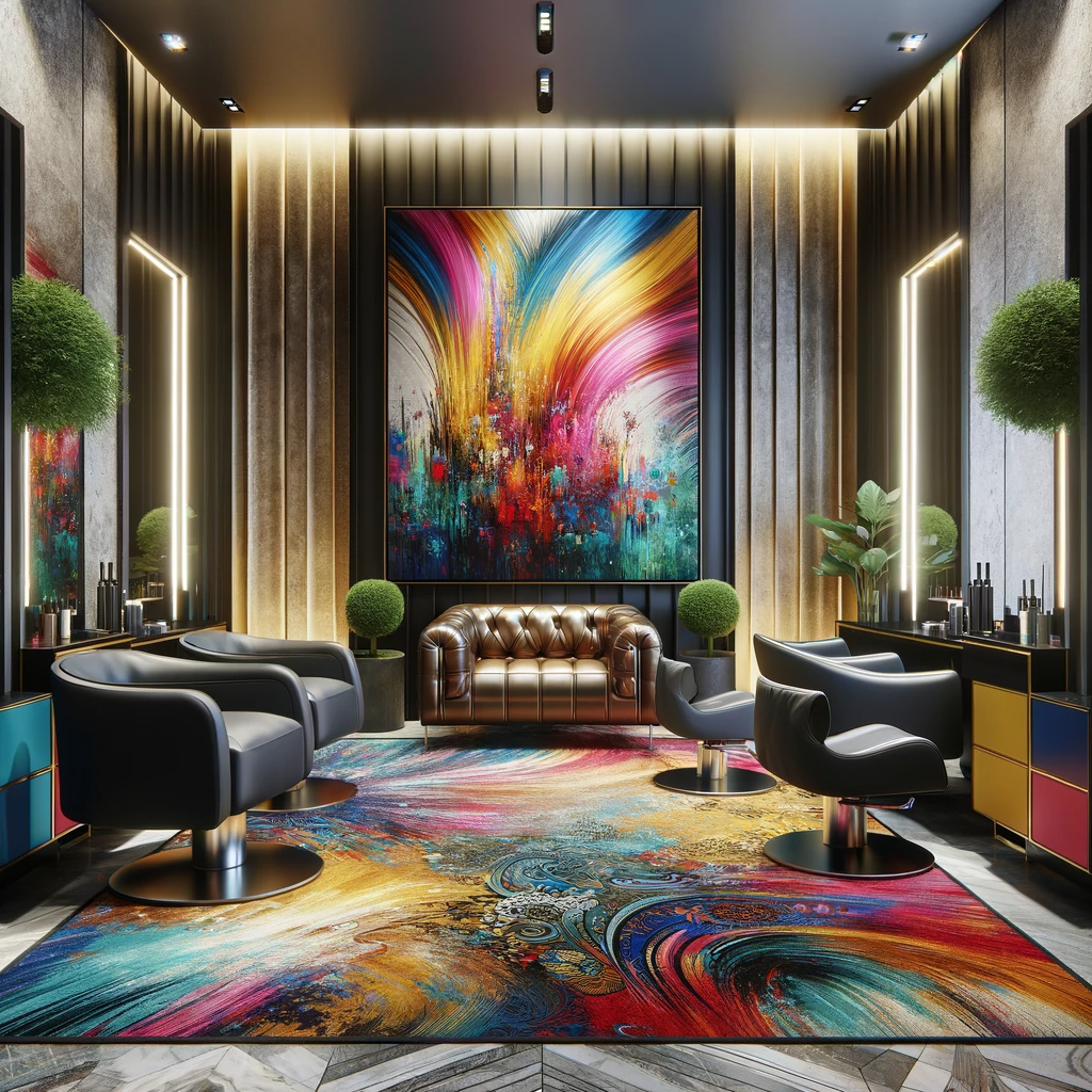 Bold and vibrant salon suite interior with textured design elements.